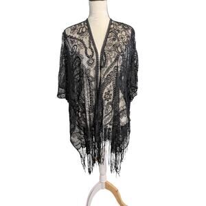 Mixit Women's Black Crochet Lace Kimono Shawl Wrap Fringe Witchy Goth Whimsygoth